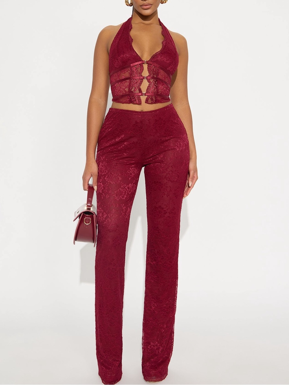 NWT Lace Halter Crop Top & High-Waist Pants Set - Burgundy